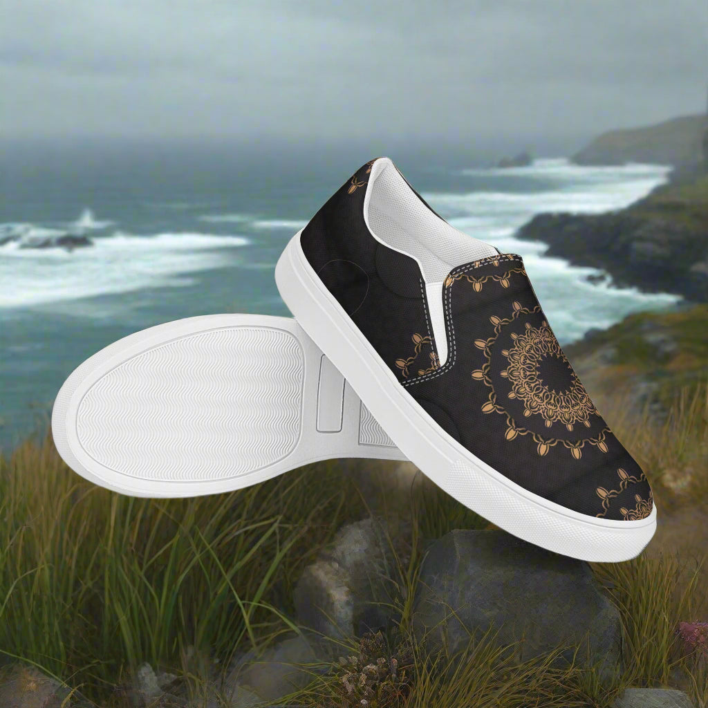 WildSage Market Morocco Slip-on Canvas Shoes with Elegant Black and Gold Mandala Design