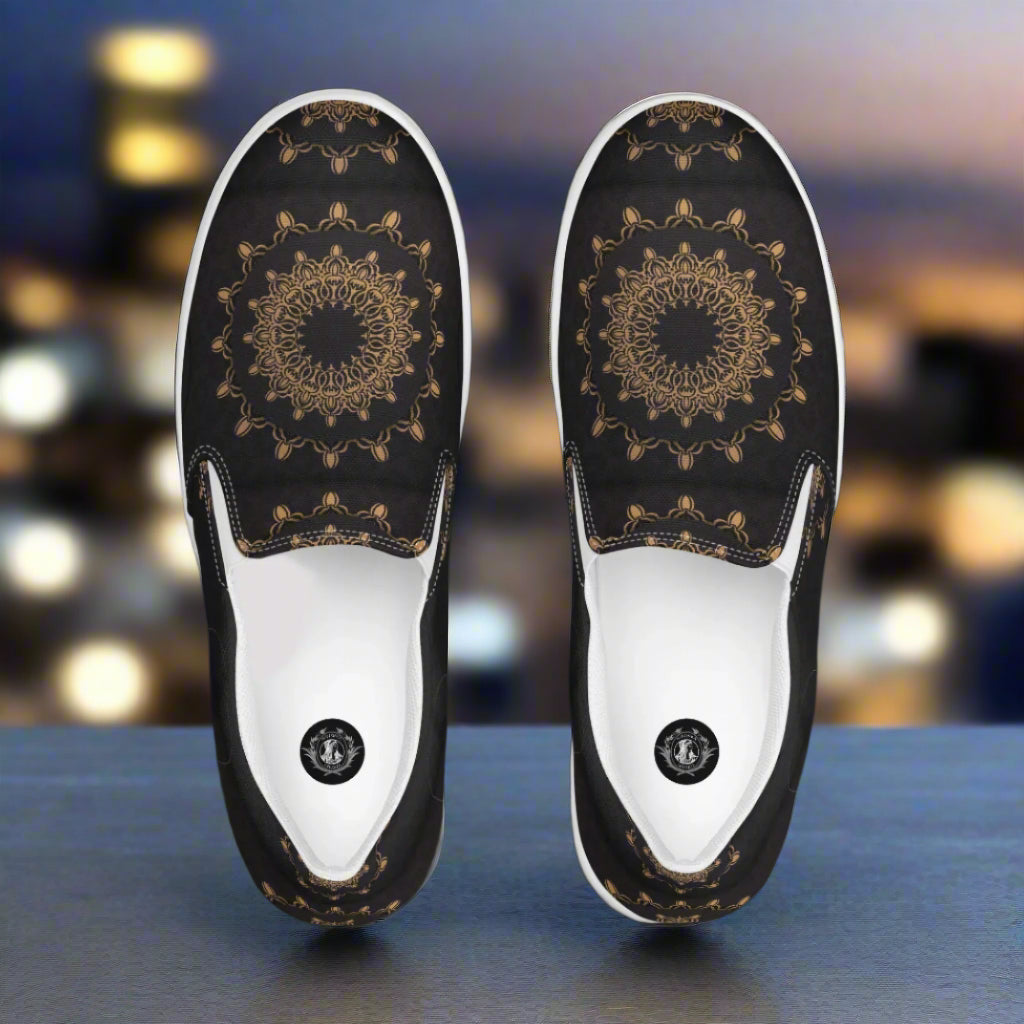 Morocco Slip-on Canvas Shoes featuring an intricate black and gold mandala design for stylish comfort