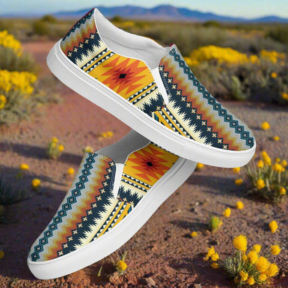 Nakai Southwest Print Slip-on Canvas Shoes featuring vibrant geometric patterns against a scenic desert backdrop