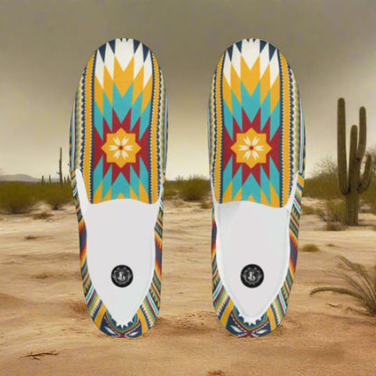 Nakona Southwest Print Slip-on Canvas Shoes featuring vibrant tribal patterns in yellow and blue