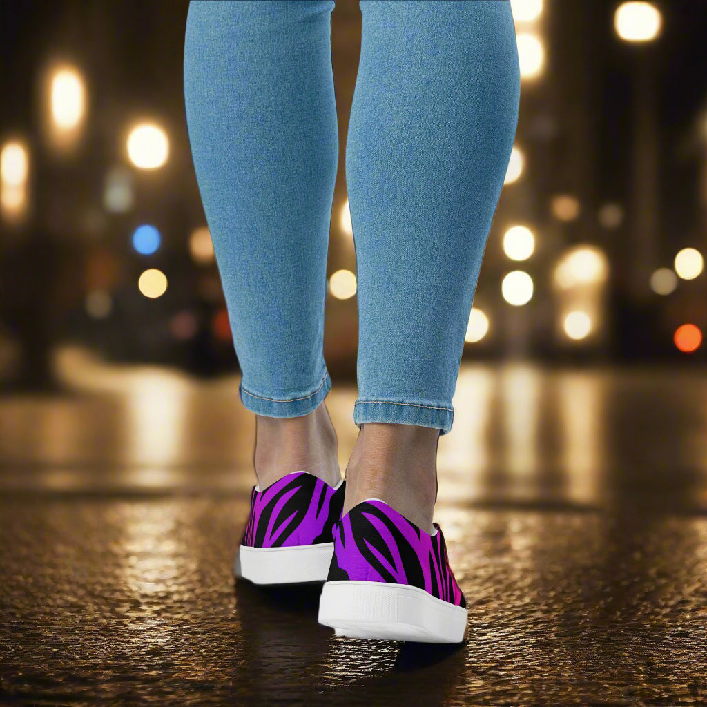 WildSage Market Purple Zebra Canvas Shoes slip on design on feet with white sole worn with jeans at night