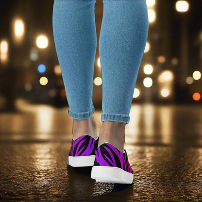 WildSage Market Purple Zebra Canvas Shoes slip on design on feet with white sole worn with jeans at night