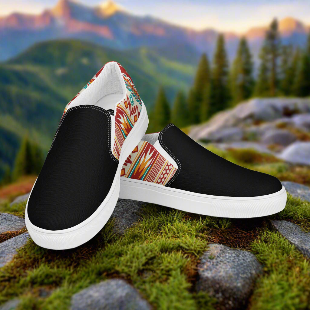 Nogales Two Tone Slip-on Canvas Shoes with a Black Front and Colorful Patterned Back