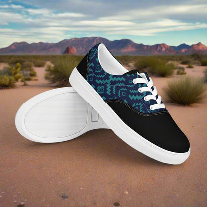 Lace-up Canvas Shoes WildSage Market black toe teal geometric print white laces low profile casual sneakers in desert scene