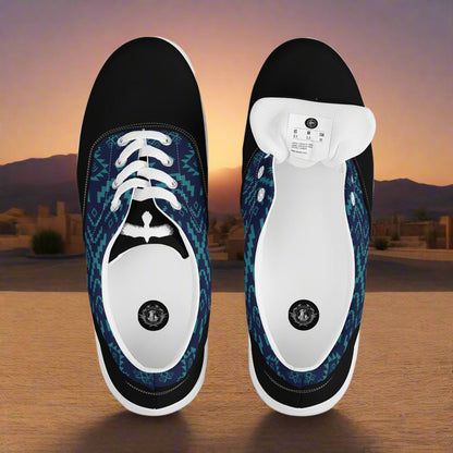 WildSage Market Lace-up Canvas Shoes top view teal geometric print black toe and white laces