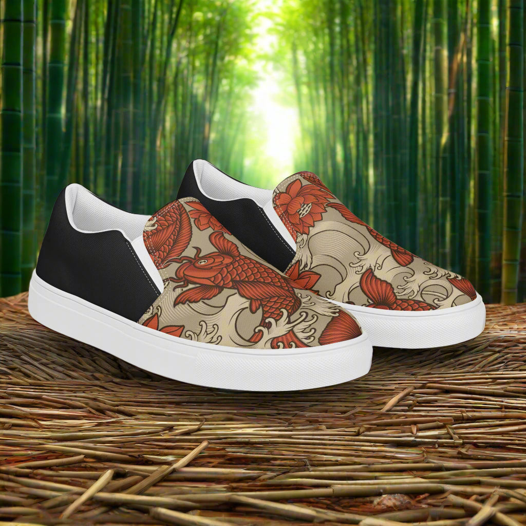 Stylish Orange Koi Halftone Slip-on Canvas Shoes with unique koi fish design on a bamboo background