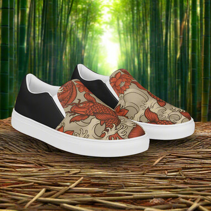 Stylish Orange Koi Halftone Slip-on Canvas Shoes with unique koi fish design on a bamboo background