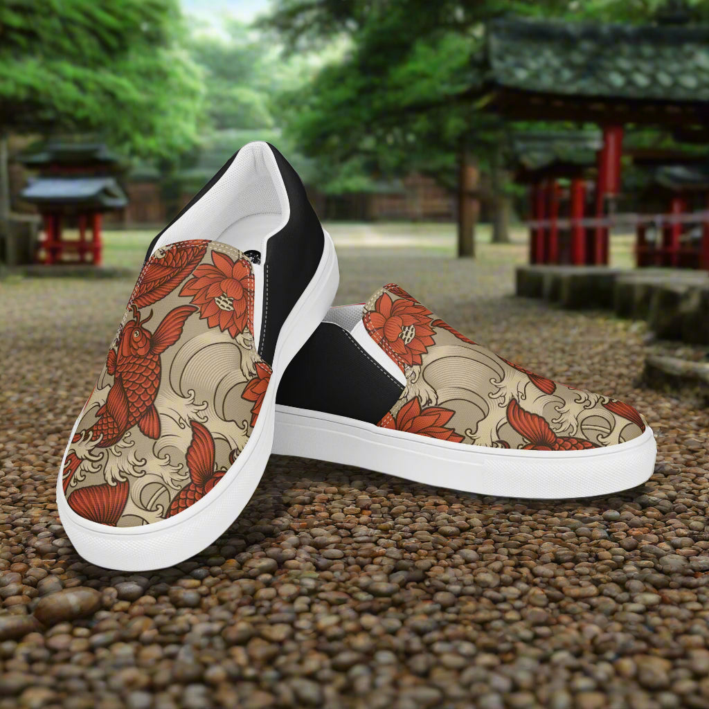 Orange Koi Halftone Slip-on Canvas Shoes with intricate floral designs for stylish comfort