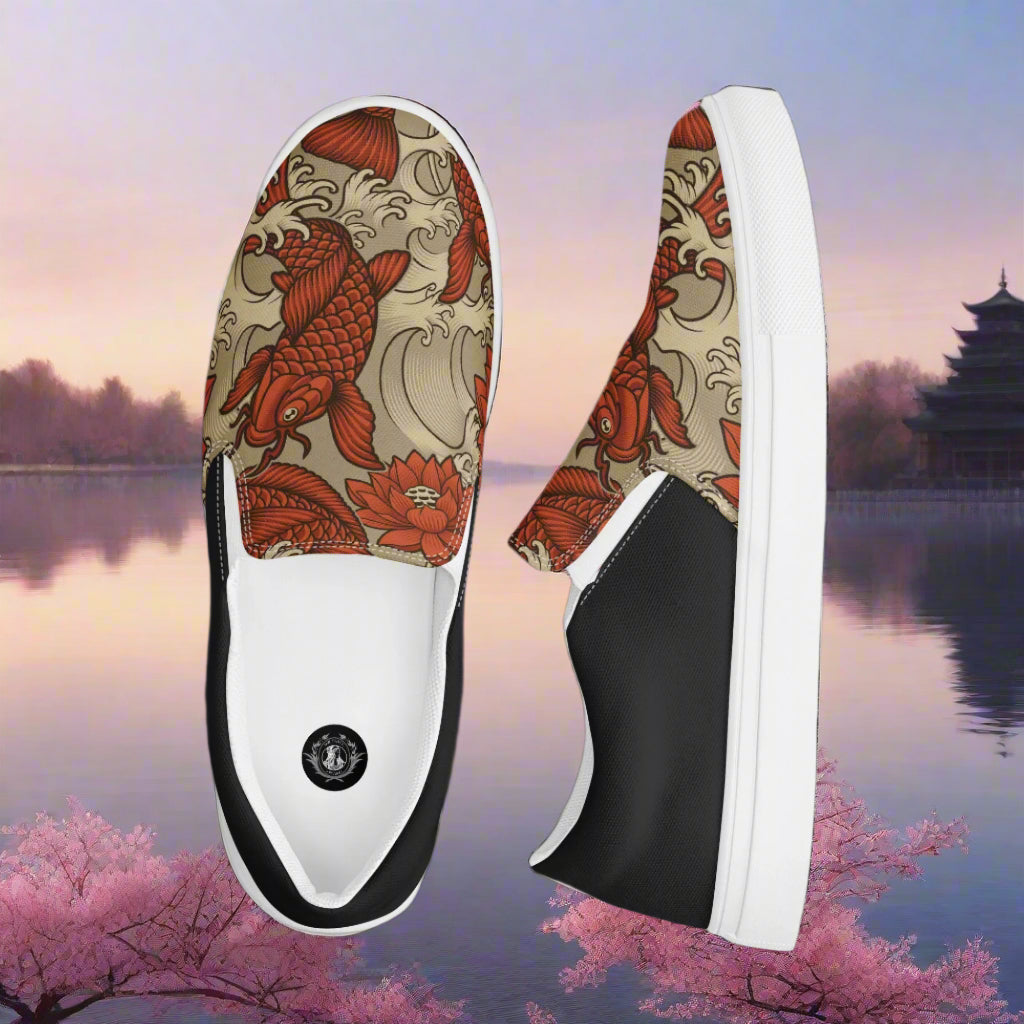 Orange Koi Halftone Slip-on Canvas Shoes featuring a vibrant koi fish design on a scenic background