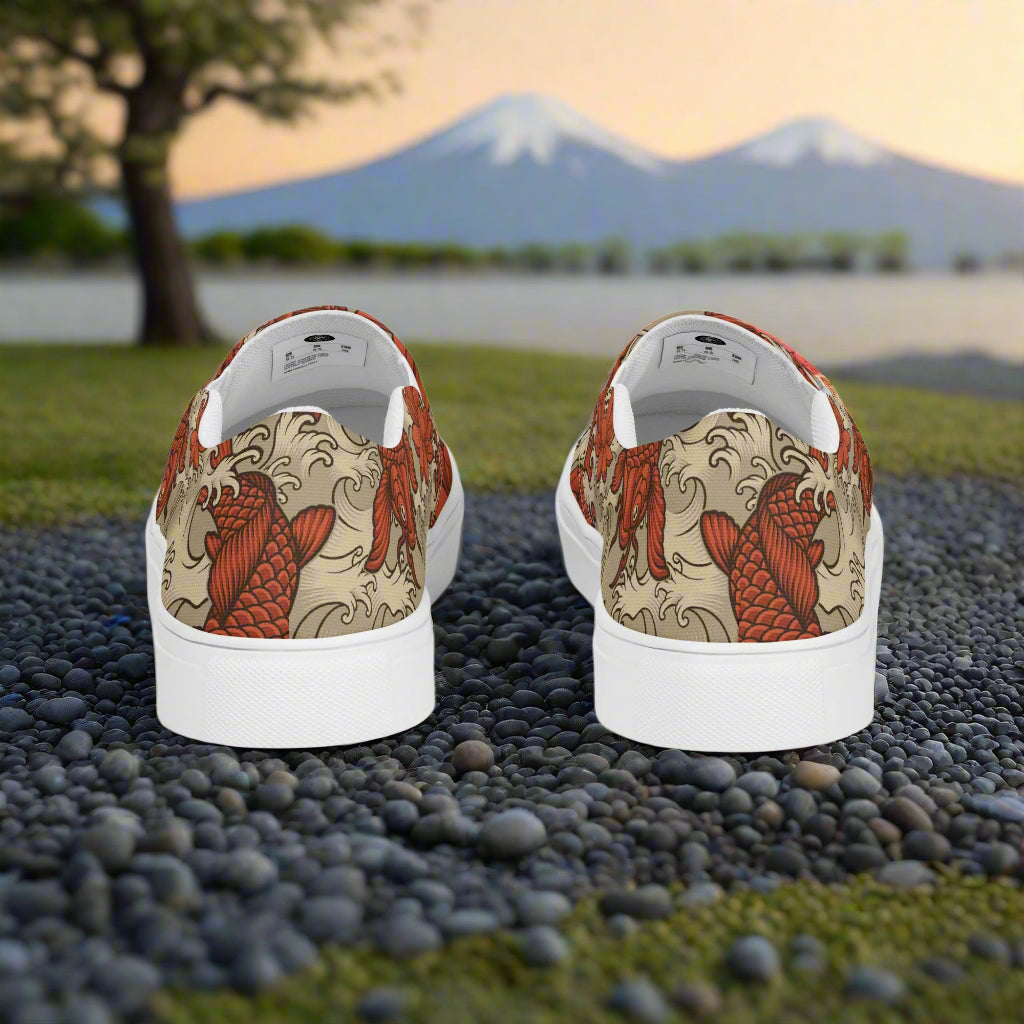 Orange Koi Slip-on Canvas Shoes featuring a detailed koi fish design on a scenic background