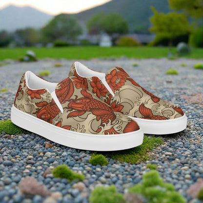 Orange Koi Slip-on Canvas Shoes with a unique koi fish design on a beige background