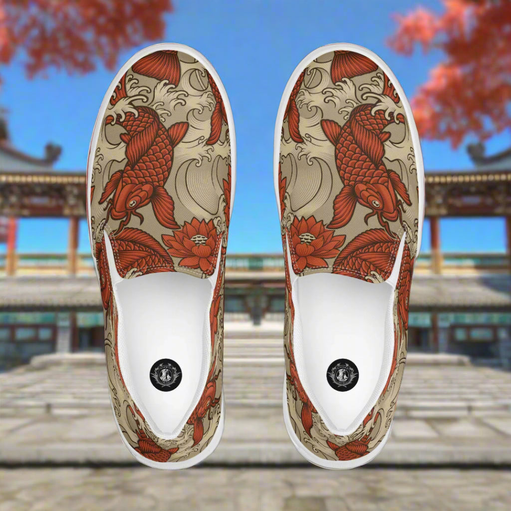 Orange Koi Slip-on Canvas Shoes featuring a vibrant koi fish design on a neutral background