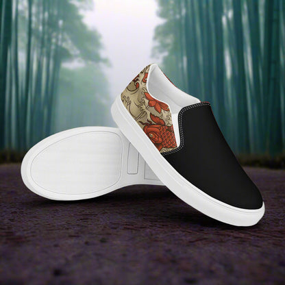 Orange Koi Two Tone Slip-on Canvas Shoes with Black and decorative floral details