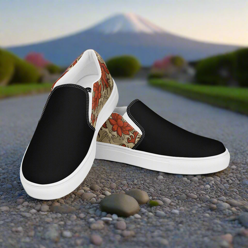 Orange Koi Two Tone Slip-on Canvas Shoes with floral design and black canvas for stylish comfort