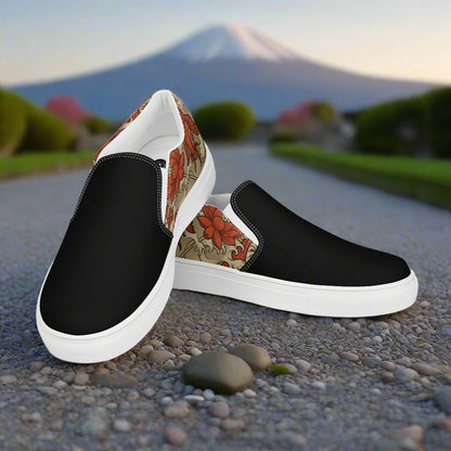 Orange Koi Two Tone Slip-on Canvas Shoes with floral design and black canvas for stylish comfort