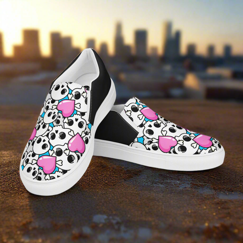 Pink Heart Skulls Halftone Slip-On Canvas Shoes featuring fun skull and heart design by WildSage Market