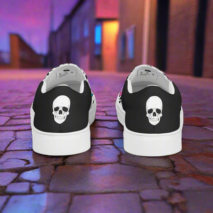 Pink Heart Skulls Halftone Slip-On Canvas Shoes with stylish skull graphic on black background