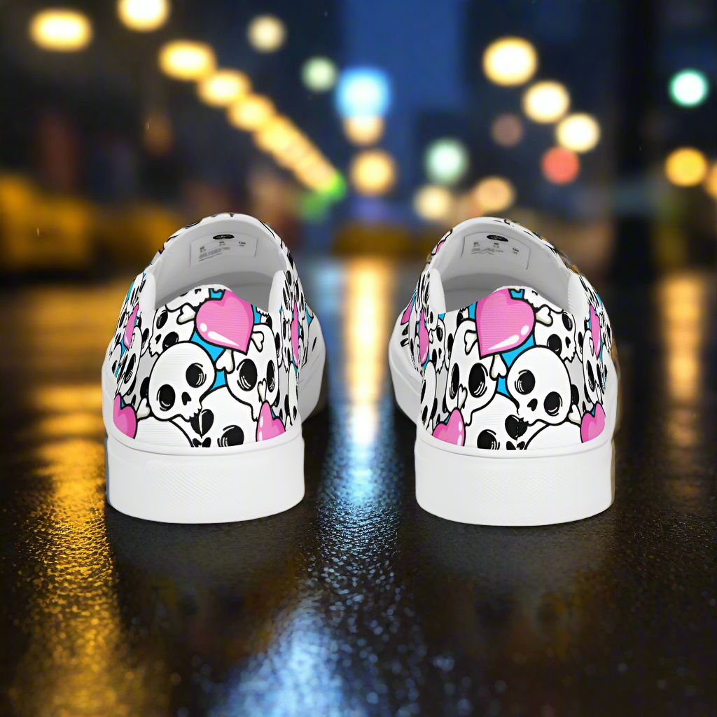 Pink Heart Skulls Slip-On Canvas Shoes with streetstyle skull and heart design for casual wear