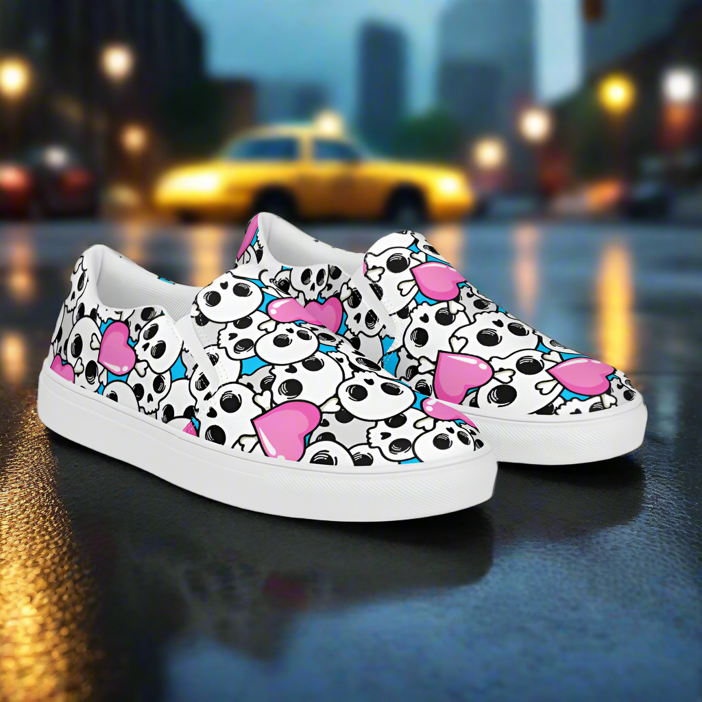 Pink Heart Skulls Slip-On Canvas Shoes featuring a colorful skull design on a stylish background