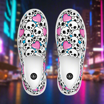 Pink Heart Skulls Slip-On Canvas Shoes featuring a skull and heart pattern for casual wear