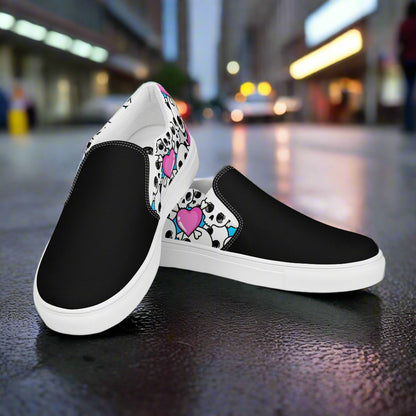 Pink Heart Skulls Two Tone Slip-On Canvas Shoes featuring a stylish black and colorful design