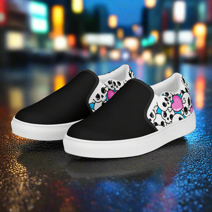 Pink Heart Skulls Two Tone Slip-On Canvas Shoes with Black and White Design for Casual Style