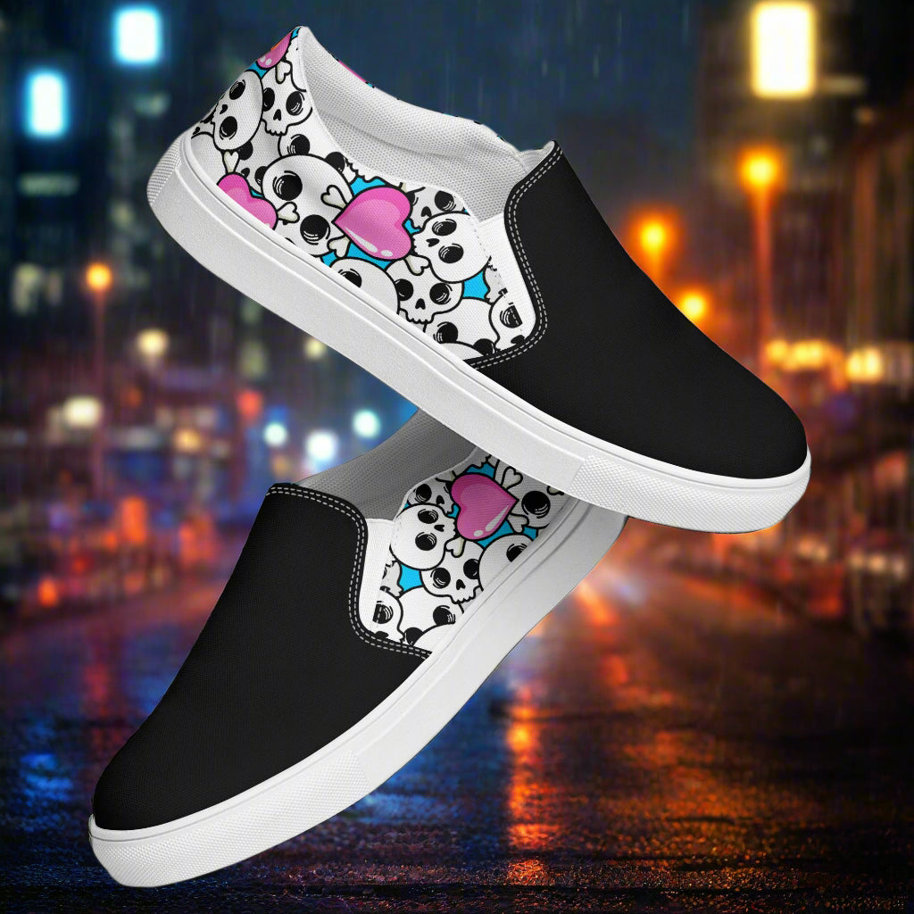 Pink Heart Skulls Two Tone Slip-On Canvas Shoes with black and white design for stylish comfort