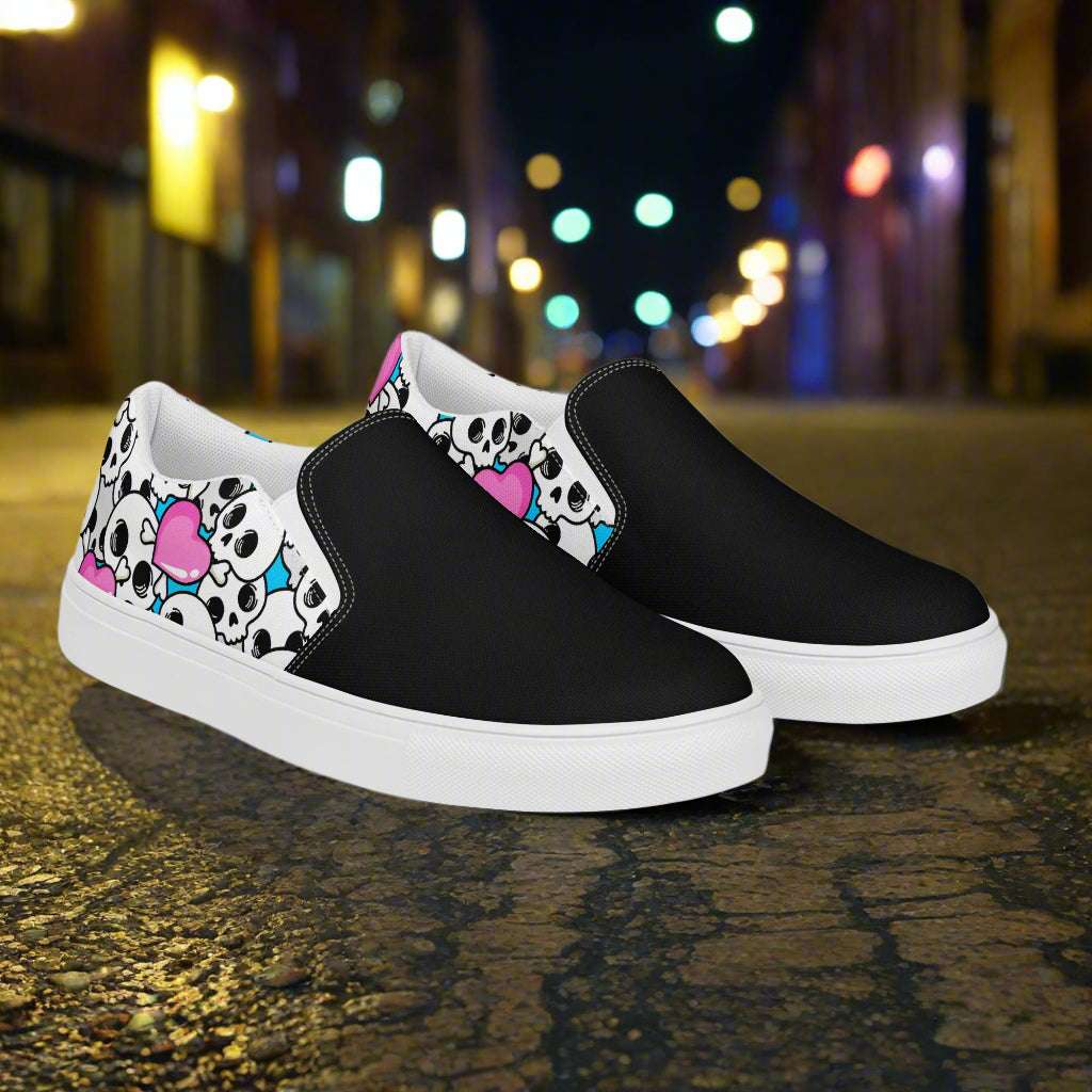 Pink Heart Skulls Two Tone Slip-On Canvas Shoes featuring a stylish black and white design