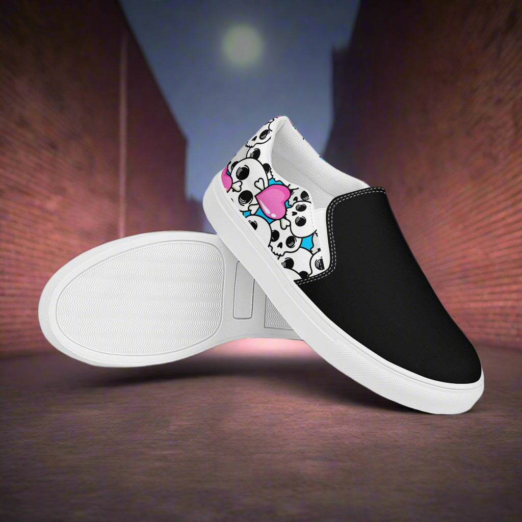 Pink Heart Skulls Two Tone Slip-On Canvas Shoes with a stylish black and white design