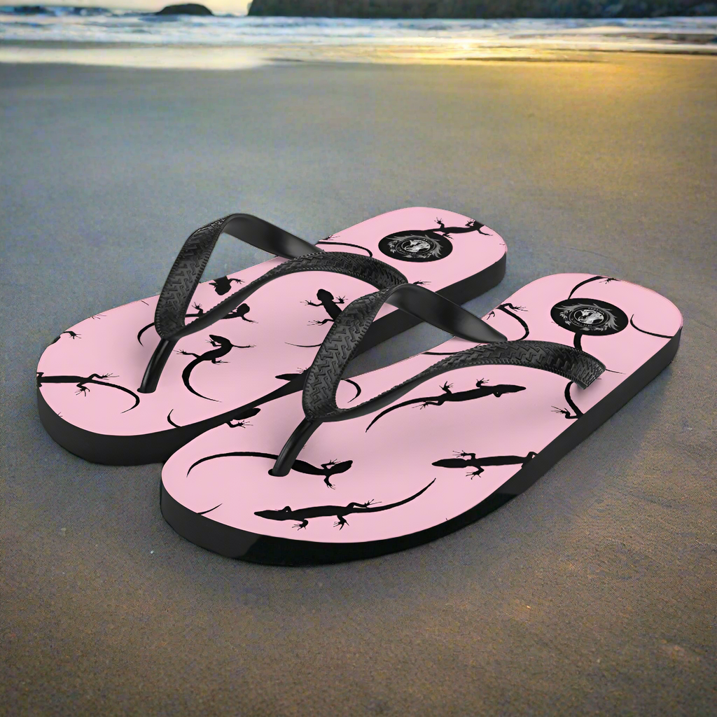 WildSage Market Pink Lizard Flip-Flops with Black Straps, Perfect for Beach Wear