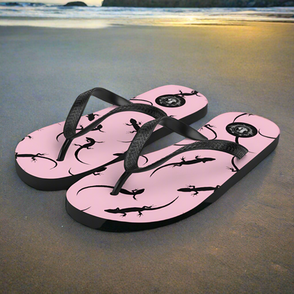 WildSage Market Pink Lizard Flip-Flops with Black Straps, Perfect for Beach Wear