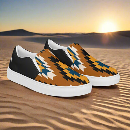 Pueblo Halftone Slip-on Canvas Shoes with a Vibrant Tribal Pattern in Brown, Black, and Blue