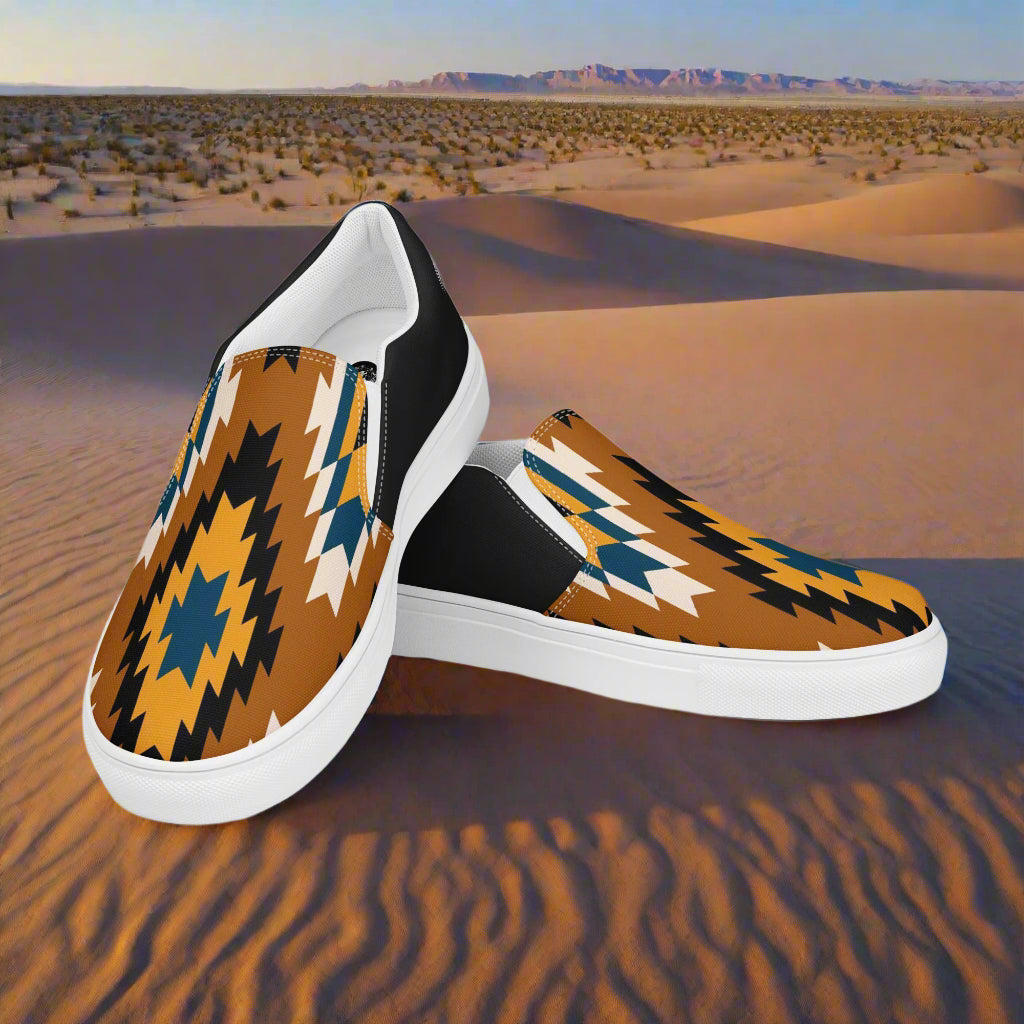 Pueblo Halftone Slip-on Canvas Shoes featuring a vibrant geometric pattern in earthy tones