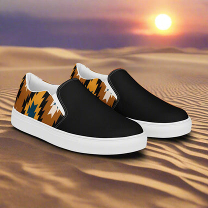Pueblo Two Tone Slip-on Canvas Shoes featuring a tribal pattern in earthy colors