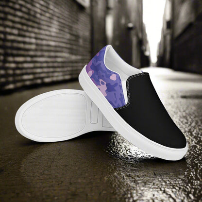 Purple Camo Two Tone Slip-On Canvas Shoes with a stylish black and violet design for casual wear