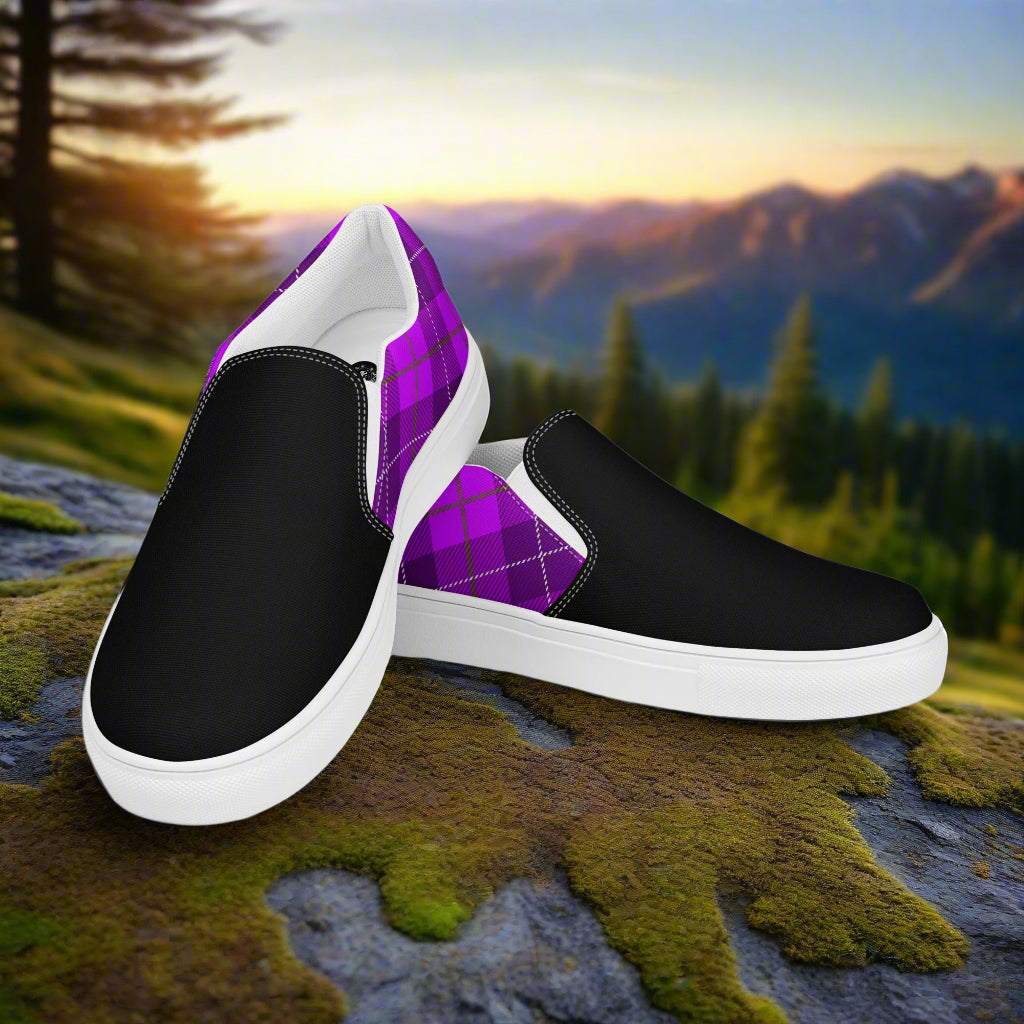 WildSage Market purple plaid Two Tone slip on shoes with black front and white soles on outdoor rock
