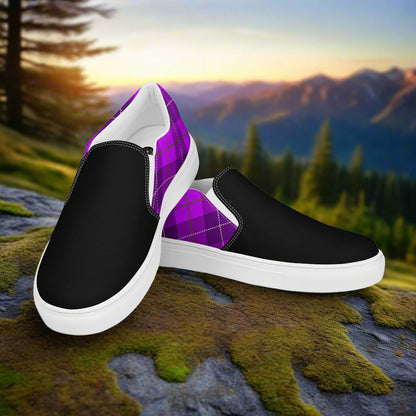 WildSage Market purple plaid Two Tone slip on shoes with black front and white soles on outdoor rock