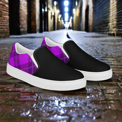 WildSage Market purple plaid Two Tone slip on shoes with black front and white sole on wet brick street
