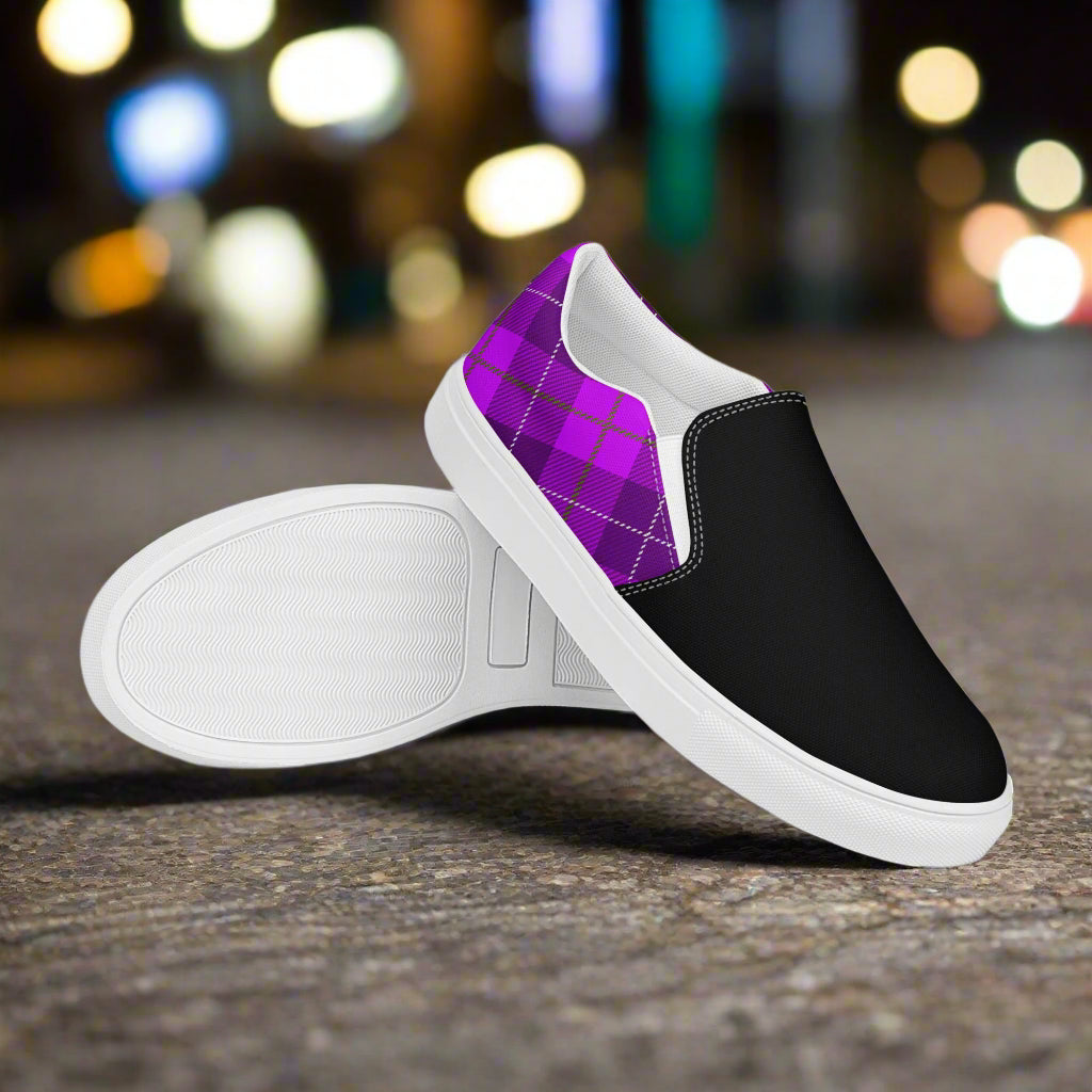 WildSage Market purple plaid Two Tone slip on shoes with black front and white sole on street background