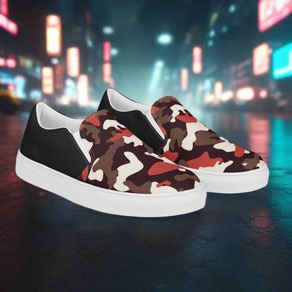 Red Camo Halftone Slip-on Canvas Shoes with Stylish Black Accents for Casual Wear