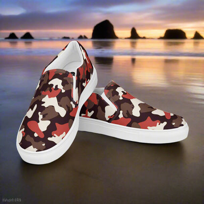 Red Camo Slip-On Canvas Shoes with stylish design for casual wear by WildSage Market