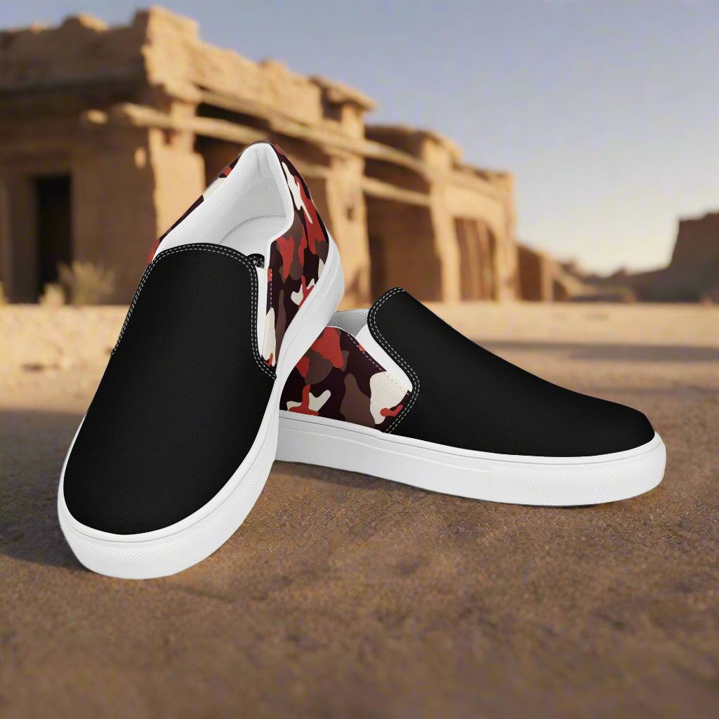 Red Camo Two Tone Slip-on Canvas Shoes featuring a stylish black and red design
