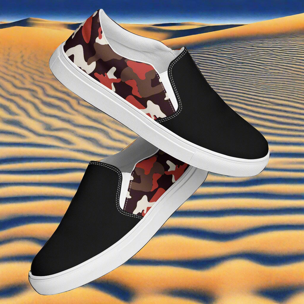 Red Camo Two Tone Slip-on Canvas Shoes featuring stylish black and camo design for casual wear