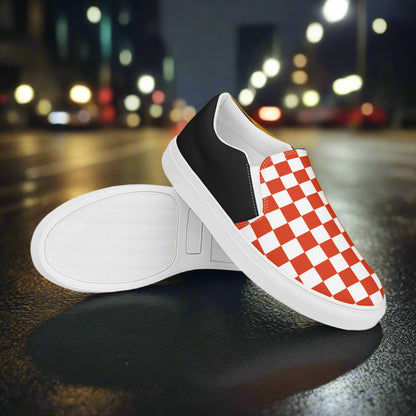 Red Chex Halftone Slip-on Canvas Shoes with Black Accents and White Sole for Casual Wear