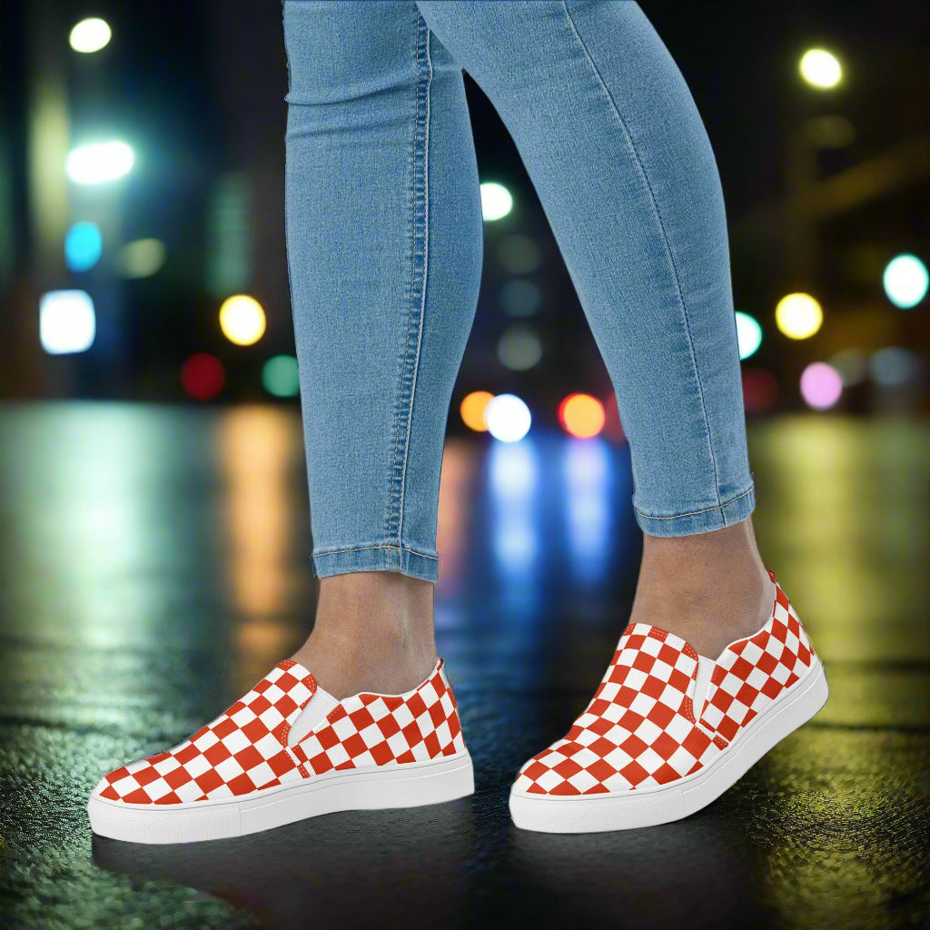 Red Chex Slip-on Canvas Shoes featuring a stylish checkered design perfect for casual outings