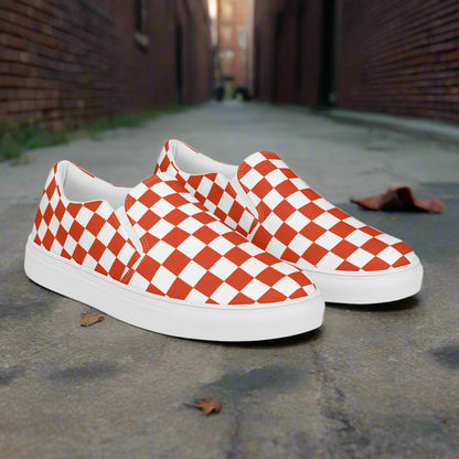 Red Chex Slip-on Canvas Shoes with a stylish checkerboard pattern for casual outings