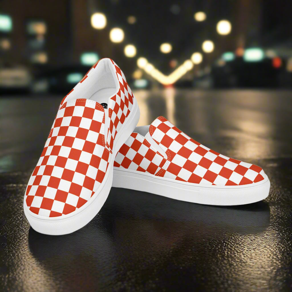 Red Chex Slip-on Canvas Shoes with a trendy checkered pattern and comfortable fit