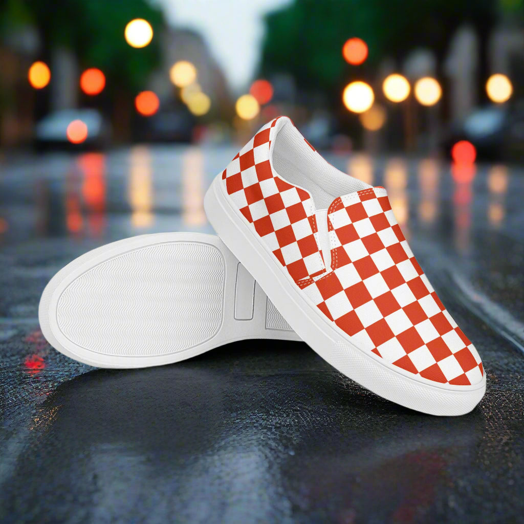 Red Chex Slip-on Canvas Shoes featuring a stylish checkered design for casual wear