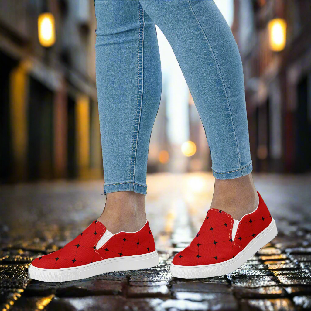 Red Diamond Slip-on Canvas Shoes featured on a model in urban setting with stylish jeans