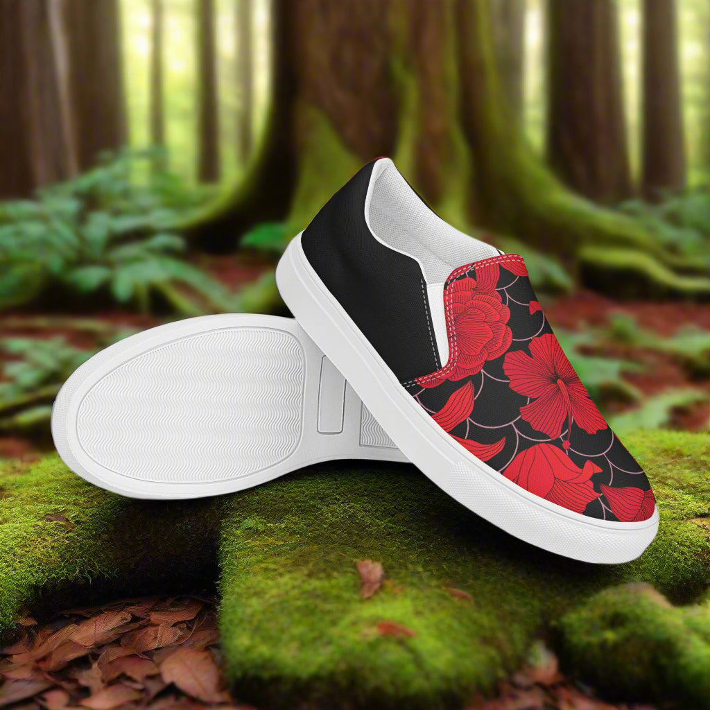 Red Lily Halftone Slip-on Canvas Shoes featuring a floral design and comfortable fit for everyday wear